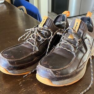 Ariat Men's Dark Brown Low Cut Boot 
Steel Toe with Orange Accents.